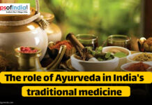 The Role of Ayurveda in India’s Traditional Medicine Image showing traditional Ayurvedic herbs, spices, and oils arranged with clay and brass pots, symbolizing Ayurveda’s role in India’s traditional medicine.