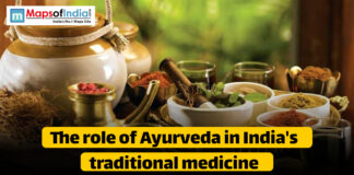 The Role of Ayurveda in India’s Traditional Medicine Image showing traditional Ayurvedic herbs, spices, and oils arranged with clay and brass pots, symbolizing Ayurveda’s role in India’s traditional medicine.