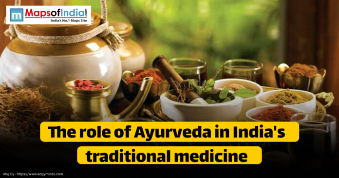 Image showing traditional Ayurvedic herbs, spices, and oils arranged with clay and brass pots, symbolizing Ayurveda’s role in India’s traditional medicine.