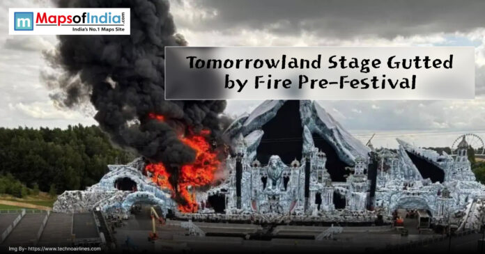 Massive fire engulfs part of the Tomorrowland main stage with thick black smoke rising, just days before the festival's opening in Belgium. The elaborate icy-themed stage is visibly damaged, with firefighters and workers on-site.