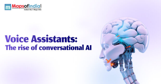 Futuristic illustration of a robotic human head with visible brain and mechanical components, symbolizing the rise of voice assistants and conversational AI.