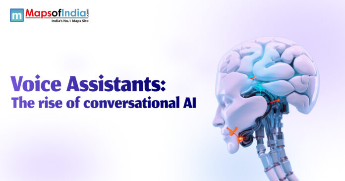 Futuristic illustration of a robotic human head with visible brain and mechanical components, symbolizing the rise of voice assistants and conversational AI.