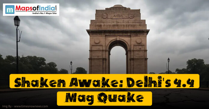 Visual of India Gate with dramatic clouds, highlighting the headline "Shaken Awake: Delhi’s 4.4 Mag Quake" referring to a recent earthquake in the region.