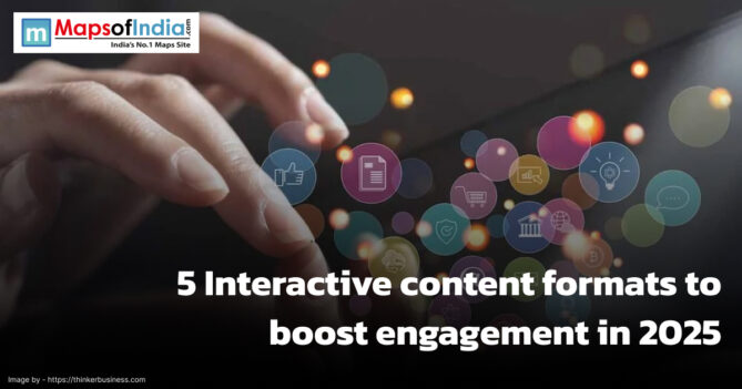 Illustration showing five interactive content formats—quizzes, polls, videos, infographics, and surveys—designed to boost audience engagement in 2025.