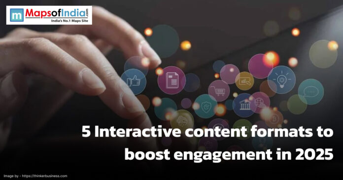Illustration showing five interactive content formats—quizzes, polls, videos, infographics, and surveys—designed to boost audience engagement in 2025.