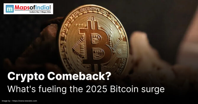 Rising Bitcoin graph on a digital screen, symbolizing the 2025 crypto surge and renewed investor interest.