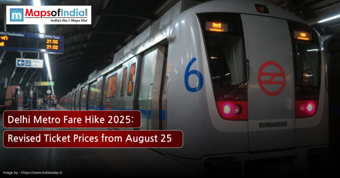 Delhi Metro fare hike 2025 announcement with revised ticket prices effective from August 25, featuring a metro train at station platform.