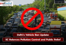Delhi’s Vehicle Ban Update: SC Balances Pollution Control and Public Relief Traffic jam in Delhi with a red prohibition sign, highlighting Supreme Court’s update on Delhi’s vehicle ban balancing pollution control and public relief.