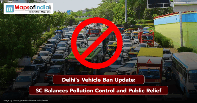 Traffic jam in Delhi with a red prohibition sign, highlighting Supreme Court’s update on Delhi’s vehicle ban balancing pollution control and public relief.
