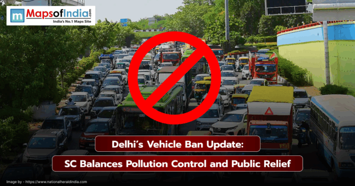 Traffic jam in Delhi with a red prohibition sign, highlighting Supreme Court’s update on Delhi’s vehicle ban balancing pollution control and public relief.
