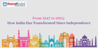 From 1947 to 2025: How India Has Transformed Since Independence Illustration showing iconic Indian monuments in vibrant colors with the title “From 1947 to 2025: How India Has Transformed Since Independence