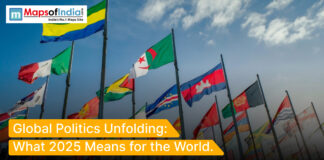 Global Politics Unfolding: What 2025 Means for the World Multiple national flags from different countries waving against a blue sky, symbolizing international relations and global politics in 2025.