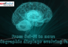 From Sci-Fi to Now: Holographic Displays Evolving Fast A glowing blue 3D holographic brain projection emerging from a flat surface, with the headline "From Sci-Fi to now: Holographic displays evolving fast"