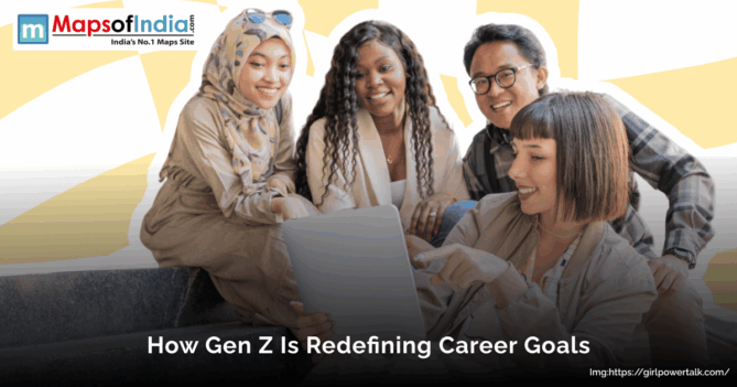 Group of diverse Gen Z professionals collaborating and discussing career goals while looking at a laptop.