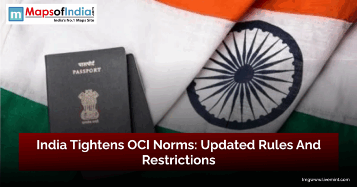 Indian passport placed on the national flag of India, symbolizing updated rules and restrictions for Overseas Citizen of India (OCI) cardholders.