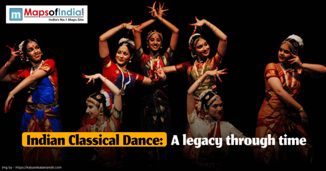 Group of women performing Indian classical dance in traditional attire on stage, with the headline “Indian Classical Dance: A legacy through time”
