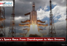 Indian Space Race: From Chandrayaan to Mars Dream Indian rocket launching into space with powerful boosters, symbolizing ISRO’s achievements from Chandrayaan to Mars missions, under cloudy skies.