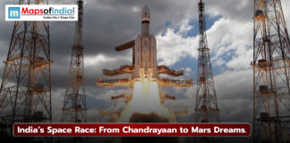 Indian Space Race: From Chandrayaan to Mars Dream Indian rocket launching into space with powerful boosters, symbolizing ISRO’s achievements from Chandrayaan to Mars missions, under cloudy skies.