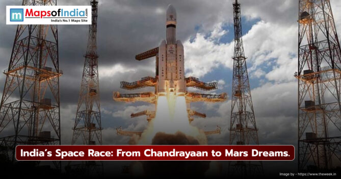 Indian rocket launching into space with powerful boosters, symbolizing ISRO’s achievements from Chandrayaan to Mars missions, under cloudy skies.
