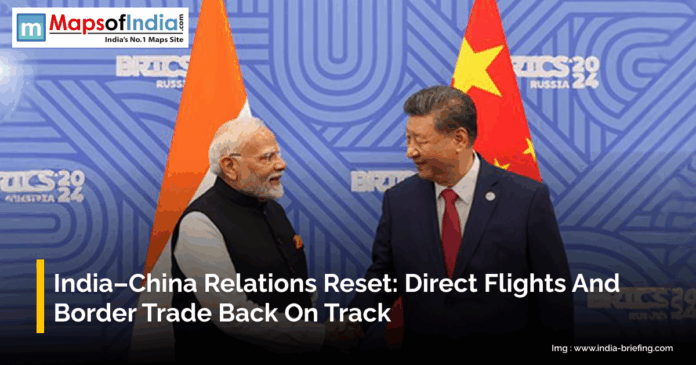 Indian Prime Minister Narendra Modi and Chinese President Xi Jinping shake hands in front of their national flags, symbolizing India-China relations reset with flights and border trade resuming.