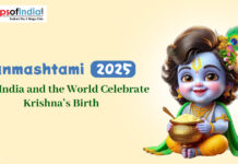 Janmashtami 2025: How India and the World Celebrate Krishna’s Birth Illustration of baby Lord Krishna holding a pot of butter with a peacock feather in his hair, alongside text 'Janmashtami 2025: How India and the World Celebrate Krishna’s Birth' on a light yellow background.