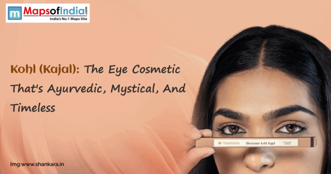 Woman holding Shankara Illuminate Kohl Kajal with text highlighting kohl as an Ayurvedic, mystical, and timeless eye cosmetic.