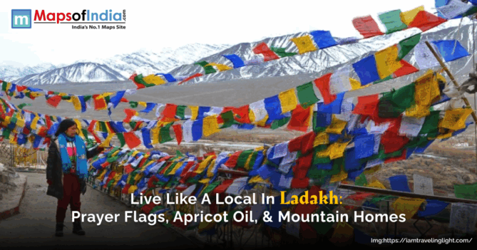 A view of Ladakh valley with several colourful flags. The beauty of mountains covered with snow.