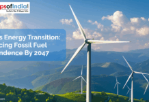 India’s Energy Transition: Reducing Fossil Fuel Dependence by 2047 Image showing wind turbines on green hills under a blue sky, symbolizing India's shift to renewable energy and reduced fossil fuel use by 2047