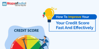 How to Improve Your Credit Score Fast and Effectively Illustration showing a man moving a needle on a credit score gauge from poor to excellent, with text reading 'How to Improve Your Credit Score Fast and Effectively' and a lightbulb icon symbolizing ideas.