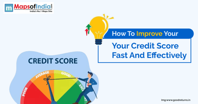 Illustration showing a man moving a needle on a credit score gauge from poor to excellent, with text reading 'How to Improve Your Credit Score Fast and Effectively' and a lightbulb icon symbolizing ideas.