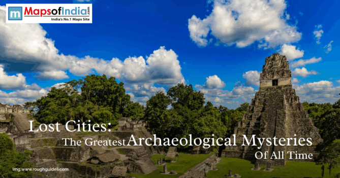 Ancient Mayan ruins surrounded by lush green forest under a bright blue sky with white clouds, representing lost cities and great archaeological mysteries.