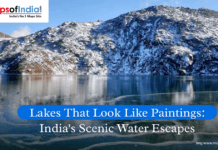 Lakes That Look Like Paintings: India’s Scenic Water Escapes Snow-covered mountains reflecting in a serene blue lake in India, showcasing a picturesque landscape under clear skies, titled “Lakes That Look Like Paintings.”