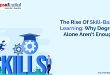 The Rise of Skill-Based Learning: Why Degrees Alone Aren’t Enough An illustration highlighting the importance of skill-based learning, featuring large "SKILLS" text with gears, a graduation cap, and professionals, symbolizing the shift beyond traditional degrees.