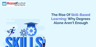 The Rise of Skill-Based Learning: Why Degrees Alone Aren’t Enough An illustration highlighting the importance of skill-based learning, featuring large "SKILLS" text with gears, a graduation cap, and professionals, symbolizing the shift beyond traditional degrees.