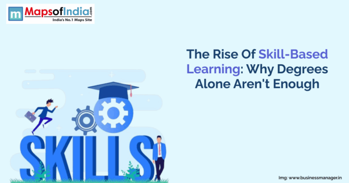 An illustration highlighting the importance of skill-based learning, featuring large "SKILLS" text with gears, a graduation cap, and professionals, symbolizing the shift beyond traditional degrees.