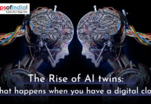 The Rise of AI Twins: What Happens When You Have a Digital Clone? Two futuristic humanoid robots facing each other with exposed mechanical parts and illuminated, intricately wired brains, connected by colorful cables. The text overlay reads "The Rise of AI twins: What happens when you have a digital clone."