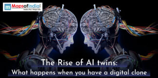 The Rise of AI Twins: What Happens When You Have a Digital Clone? Two futuristic humanoid robots facing each other with exposed mechanical parts and illuminated, intricately wired brains, connected by colorful cables. The text overlay reads "The Rise of AI twins: What happens when you have a digital clone."