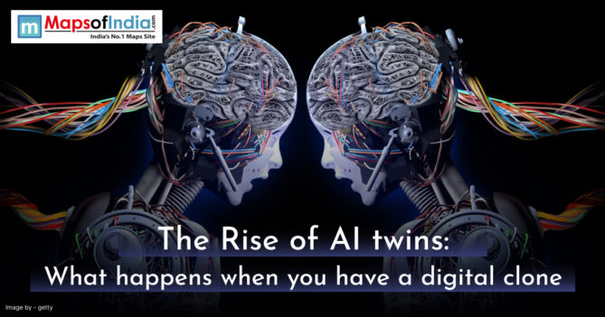 Two futuristic humanoid robots facing each other with exposed mechanical parts and illuminated, intricately wired brains, connected by colorful cables. The text overlay reads "The Rise of AI twins: What happens when you have a digital clone."
