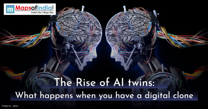 The Rise of Ai twins Two futuristic humanoid robots facing each other with exposed mechanical parts and illuminated, intricately wired brains, connected by colorful cables. The text overlay reads "The Rise of AI twins: What happens when you have a digital clone."
