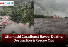 Uttarkashi Cloudburst Havoc: Deaths, Destruction & Rescue Ops Split image showing the aftermath of the Uttarkashi cloudburst — one side with muddy floodwaters rushing through a town, and the other showing destroyed houses and debris under cloudy skies.