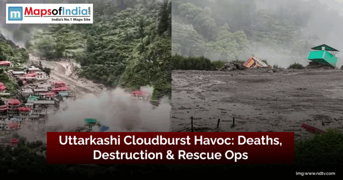 Split image showing the aftermath of the Uttarkashi cloudburst — one side with muddy floodwaters rushing through a town, and the other showing destroyed houses and debris under cloudy skies.