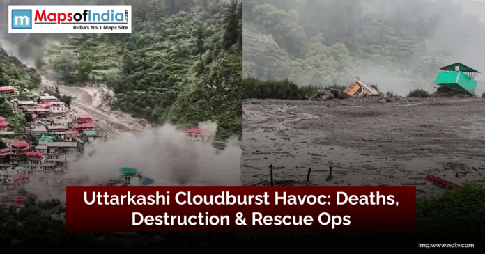 Split image showing the aftermath of the Uttarkashi cloudburst — one side with muddy floodwaters rushing through a town, and the other showing destroyed houses and debris under cloudy skies.