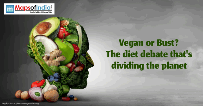 Illustration of a human head silhouette made from various fruits, vegetables, nuts, and greens, with the text “Vegan or Bust? The diet debate that's dividing the planet” alongside the Maps of India logo.
