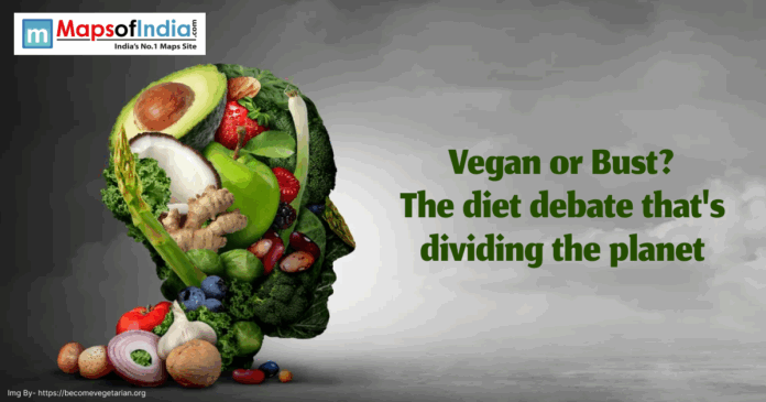 Illustration of a human head silhouette made from various fruits, vegetables, nuts, and greens, with the text “Vegan or Bust? The diet debate that's dividing the planet” alongside the Maps of India logo.