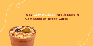 Why Clay Kulhads Are Making a Comeback in Urban Cafes A baked dish served in a traditional clay kulhad on a yellow background with text reading 'Why Clay Kulhads Are Making A Comeback In Urban Cafes'