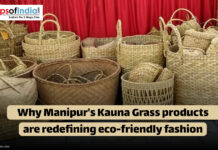 Why Manipur’s Kauna Grass Products Are Redefining Eco-Friendly Fashion Handcrafted baskets and bags made from Kauna grass displayed against a red backdrop, showcasing eco-friendly fashion products from Manipur.