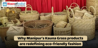 Why Manipur’s Kauna Grass Products Are Redefining Eco-Friendly Fashion Handcrafted baskets and bags made from Kauna grass displayed against a red backdrop, showcasing eco-friendly fashion products from Manipur.