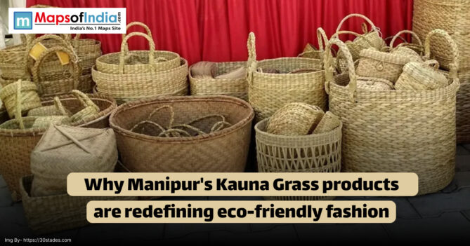 Handcrafted baskets and bags made from Kauna grass displayed against a red backdrop, showcasing eco-friendly fashion products from Manipur.