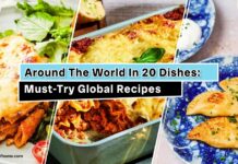 Around the World in 20 Dishes: Must-Try Global Recipes A collage of three plates featuring global dishes including a cheesy lasagna, a baked pasta dish, and fried dumplings served with sour cream