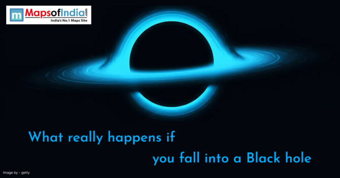 Illustration of a glowing black hole with blue light ring, representing what happens if you fall into a black hole.